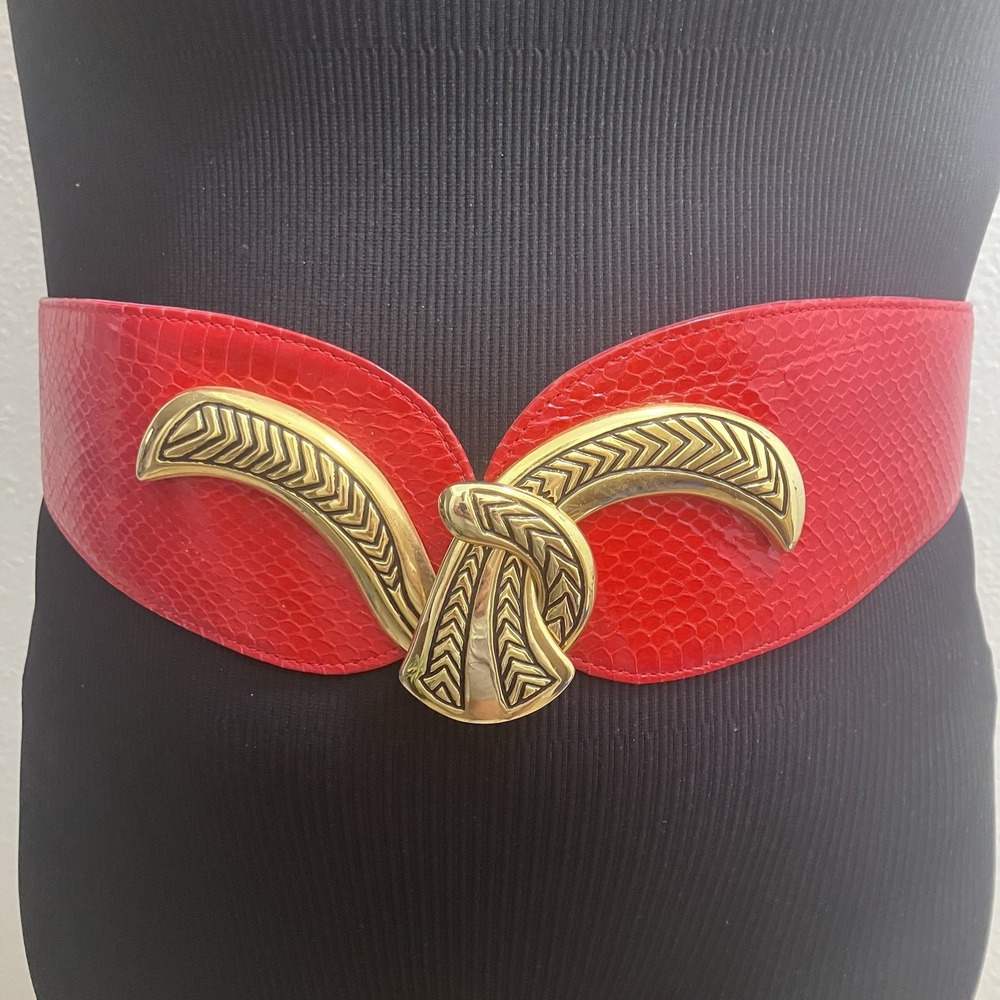 Vintage Snakeskin Belt Red Ornate Etched Gold Tone Interlocking Hook Buckle